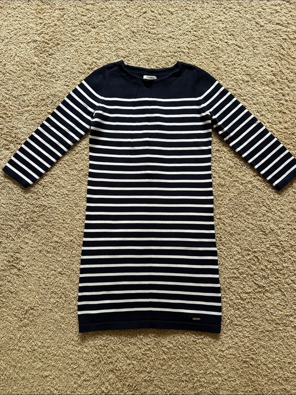 Nautica Navy and White Striped Knit Sweater Dress